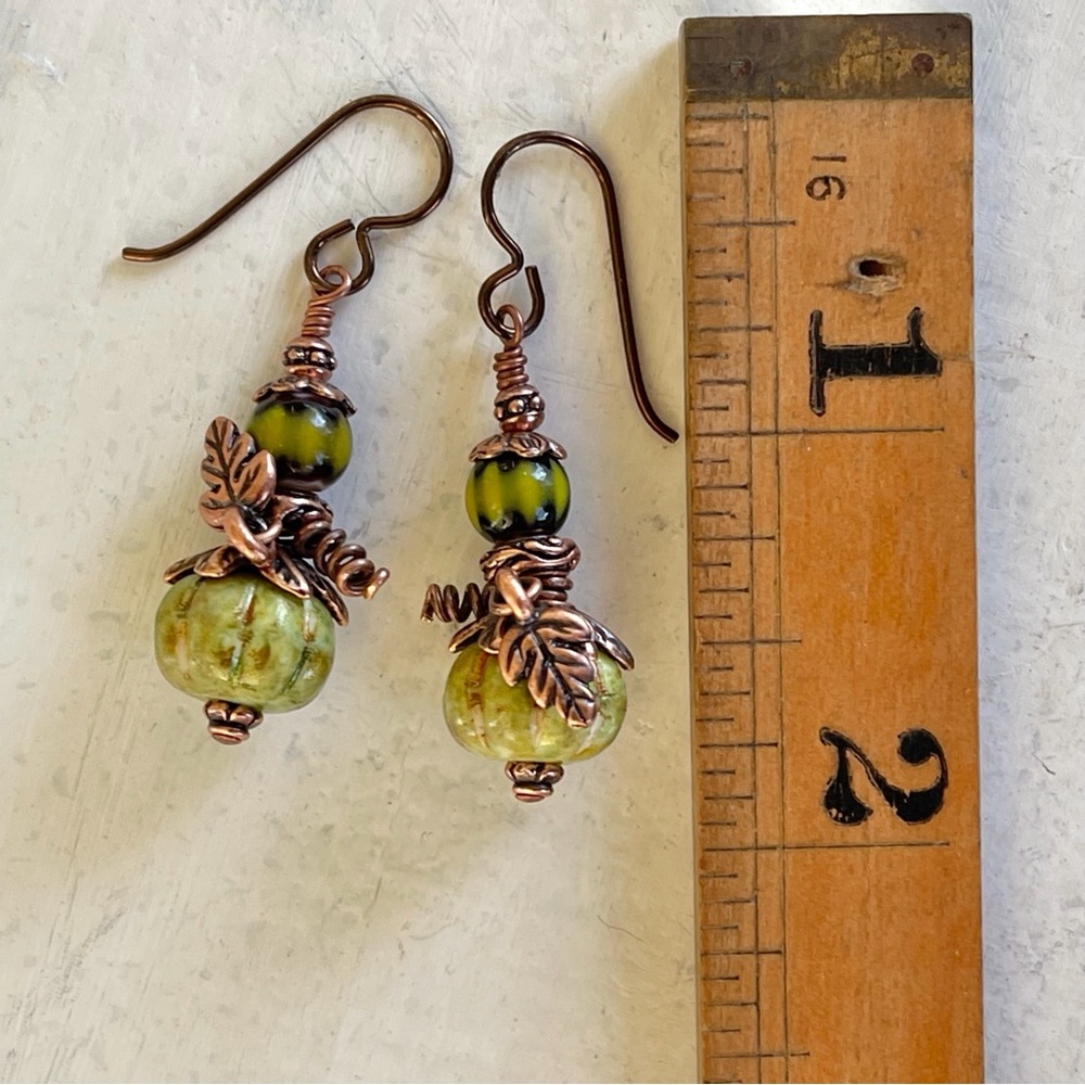 Hand Crafted “Green Jade Knight Pumpkin” Dangle Earrings - Picture 10 of 11
